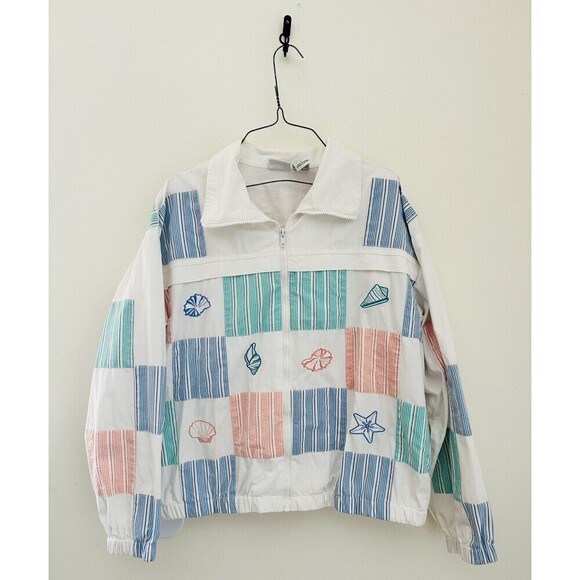 VTG Koret Francisca Windbreaker Jacket Womens L White Beach Sea Shells 90s - Picture 1 of 5